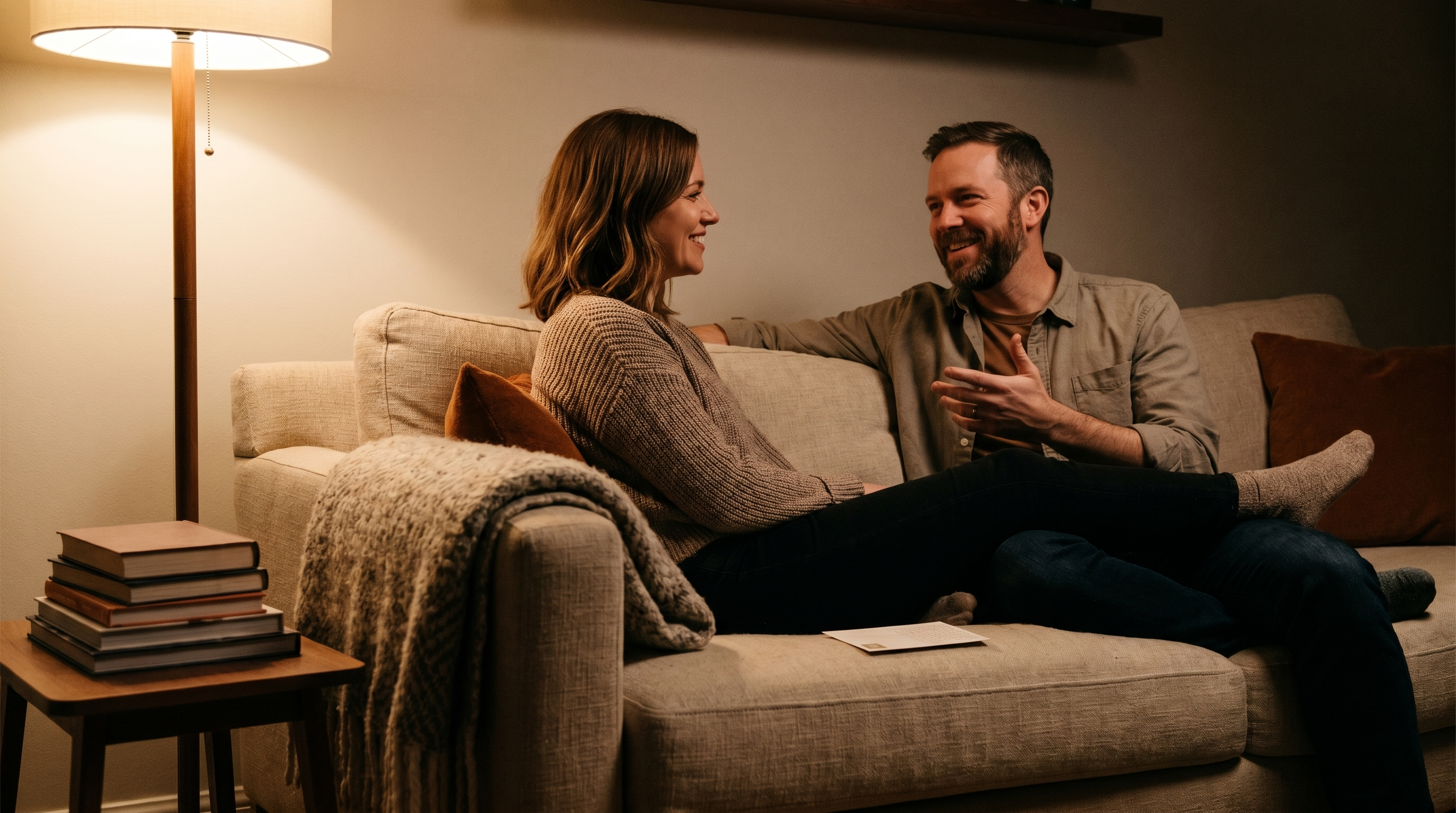 A couple on a couch in the evening, a small card visible between them, relaxed mid-conversation