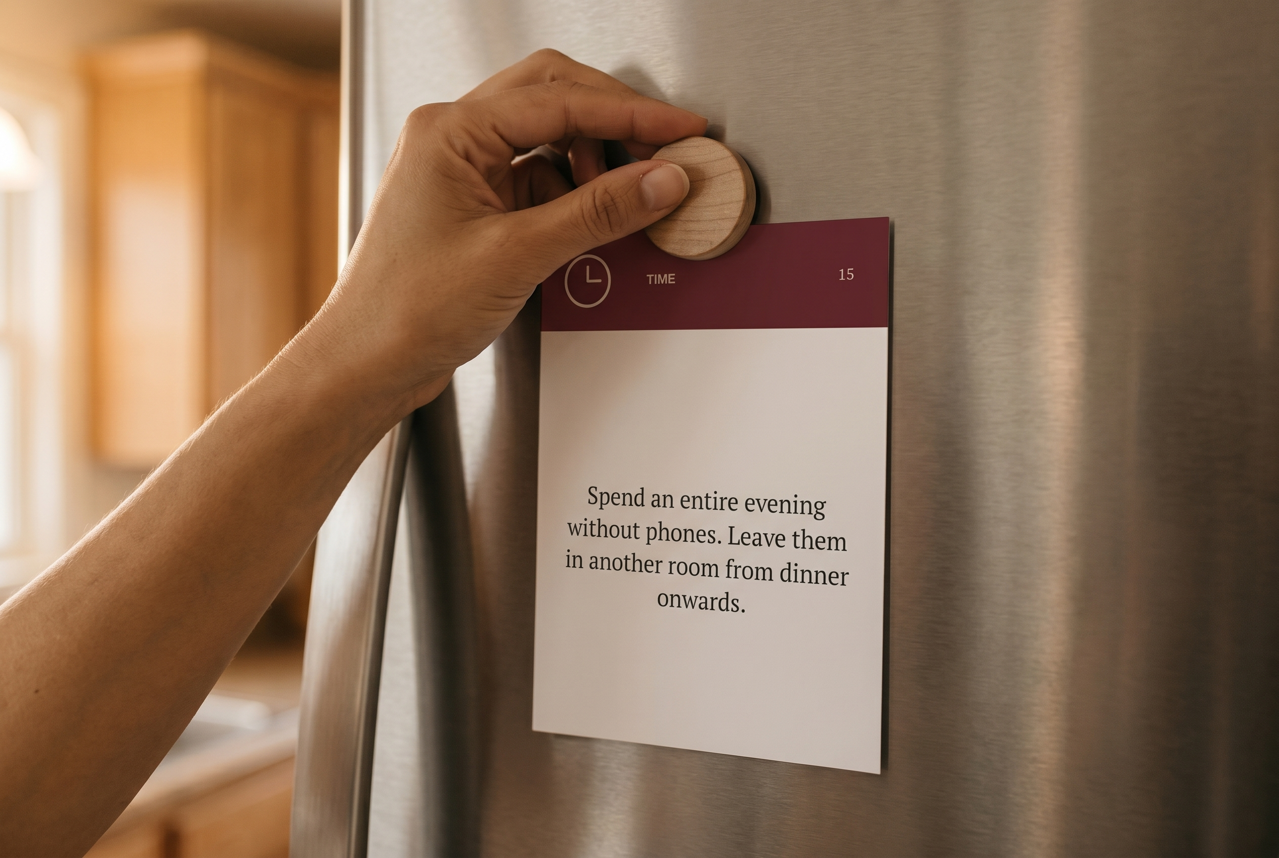 Hands placing a small postcard-style card on a fridge using a magnet, warm kitchen background
