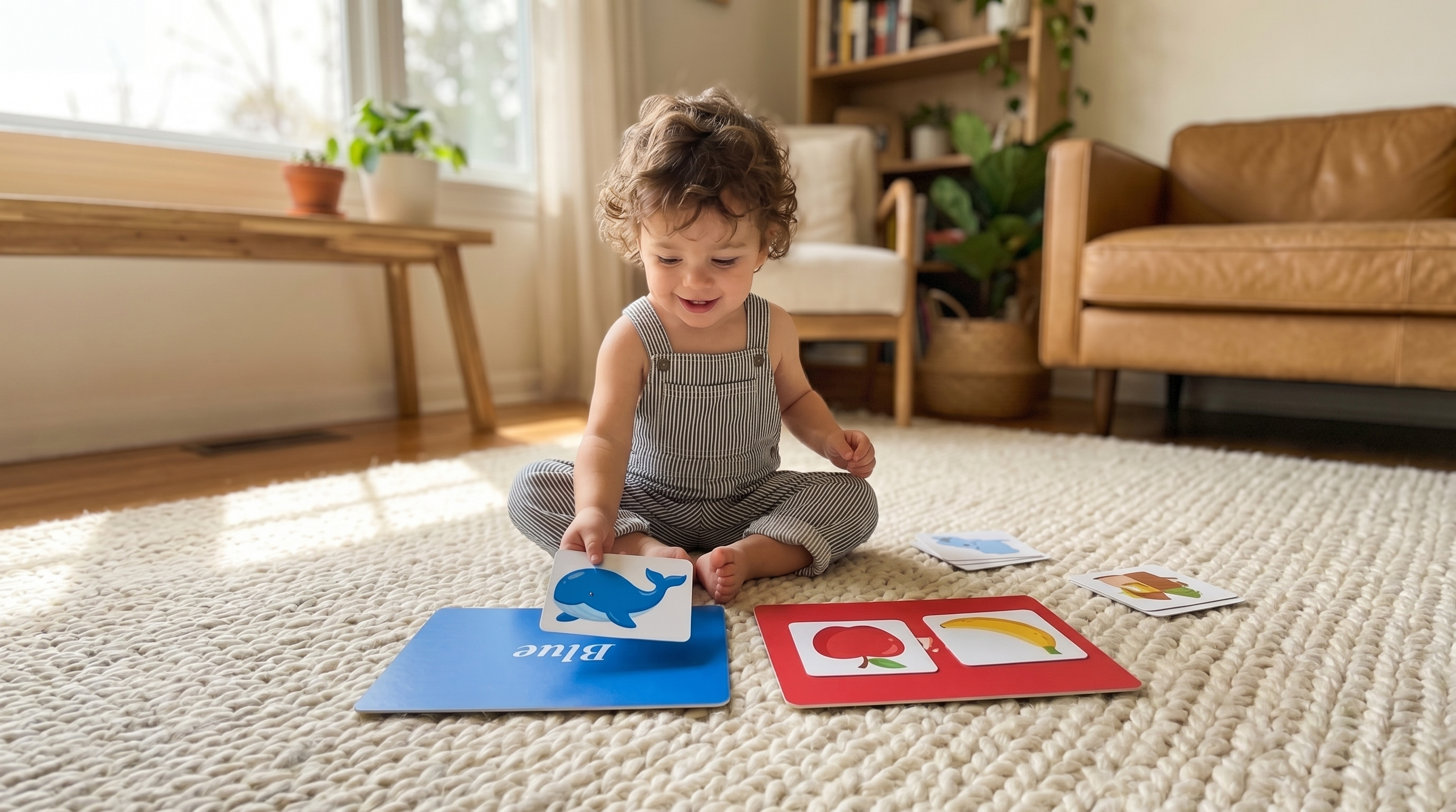 A toddler placing colourful object cards onto matching colour mats spread on a kitchen table