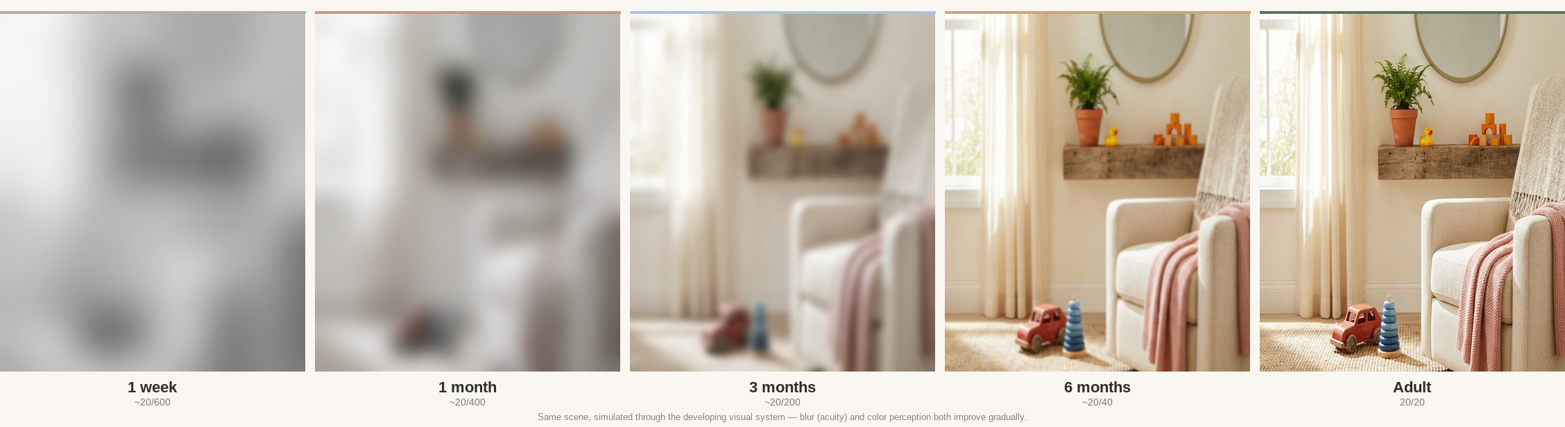 Simulated visual clarity at 1 week, 1 month, 3 months, and 6 months