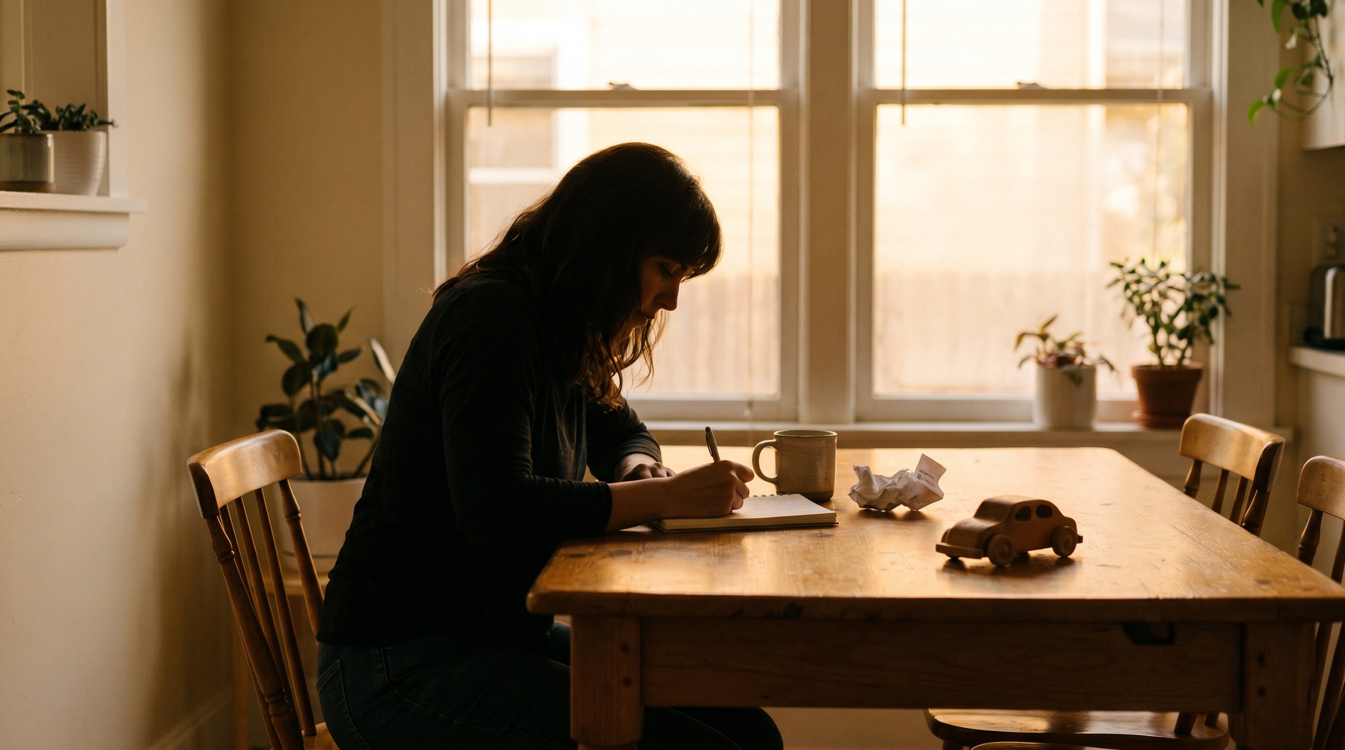 Warm interior silhouette of a woman sketching at a wooden table in soft evening window light